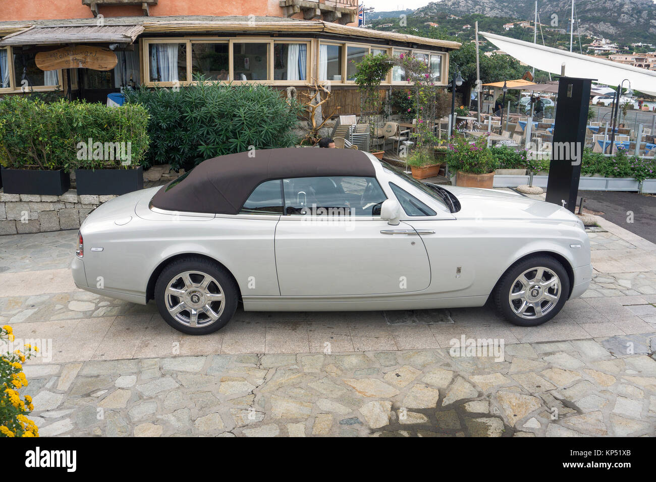 Rolls-Royce Phantom Drophead Coupe at Porto Cervo, luxury destination at Costa Smeralda, Sardinia, Italy, Mediterranean sea, Europe Stock Photo
