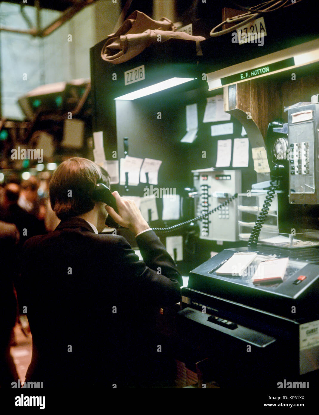 May 1982,New York,NYSE,Stock Exchange interior,trading floor,broker at telephone,Manhattan,New york City,NY,NYC,USA, Stock Photo