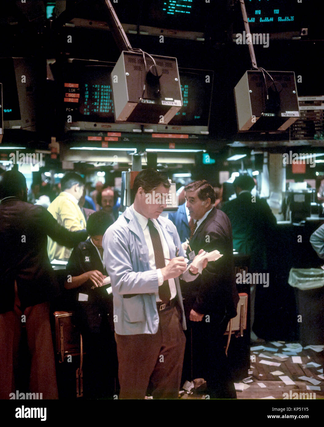 May 1982,New York,NYSE,Stock Exchange interior,trading floor,broker writing notes,Manhattan,New york City,NY,NYC,USA, Stock Photo