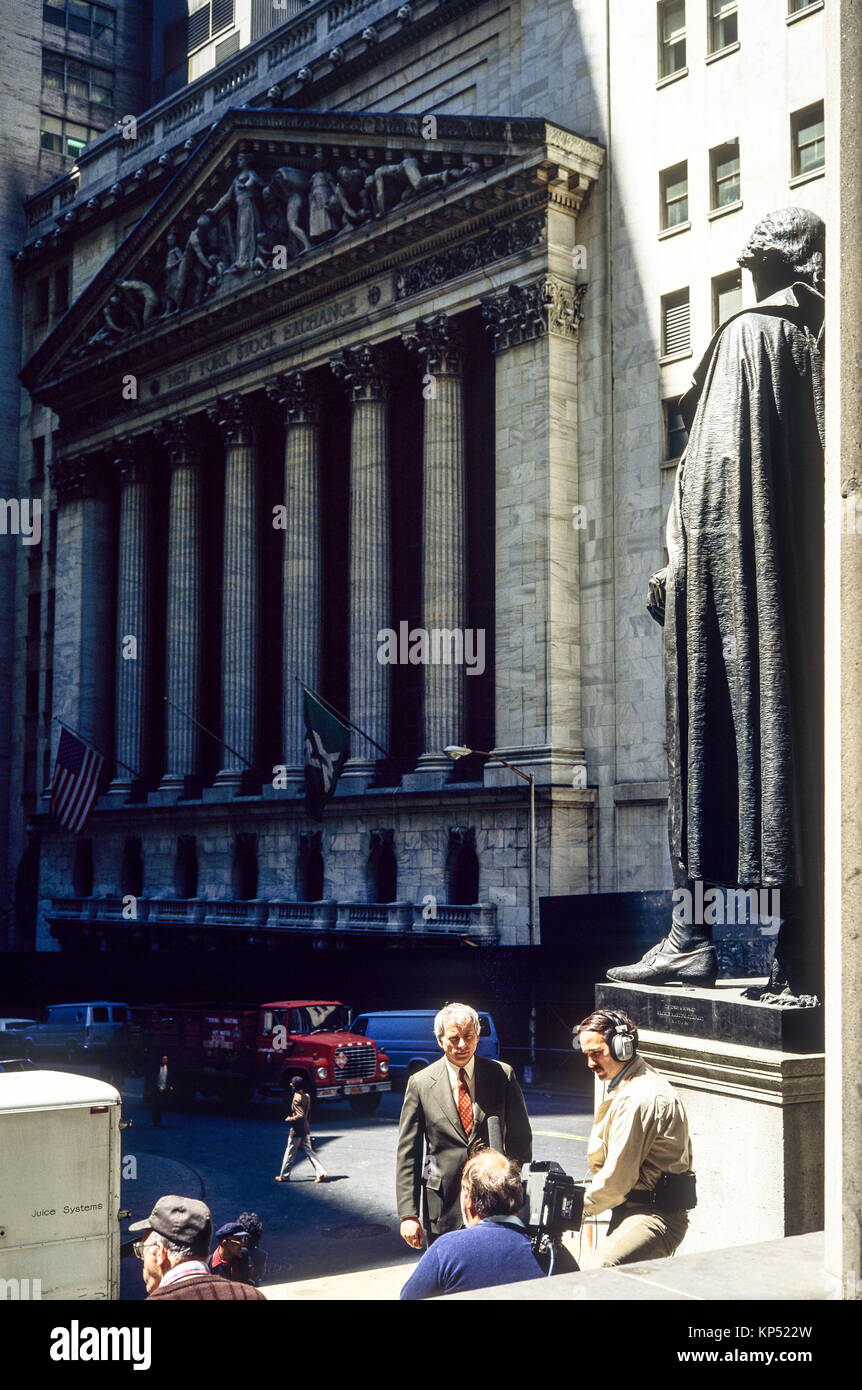 May 1982,New York,TV crew,interview,NYSE,Stock Exchange building facade,Broad street,New york City,NY,NYC,USA, Stock Photo