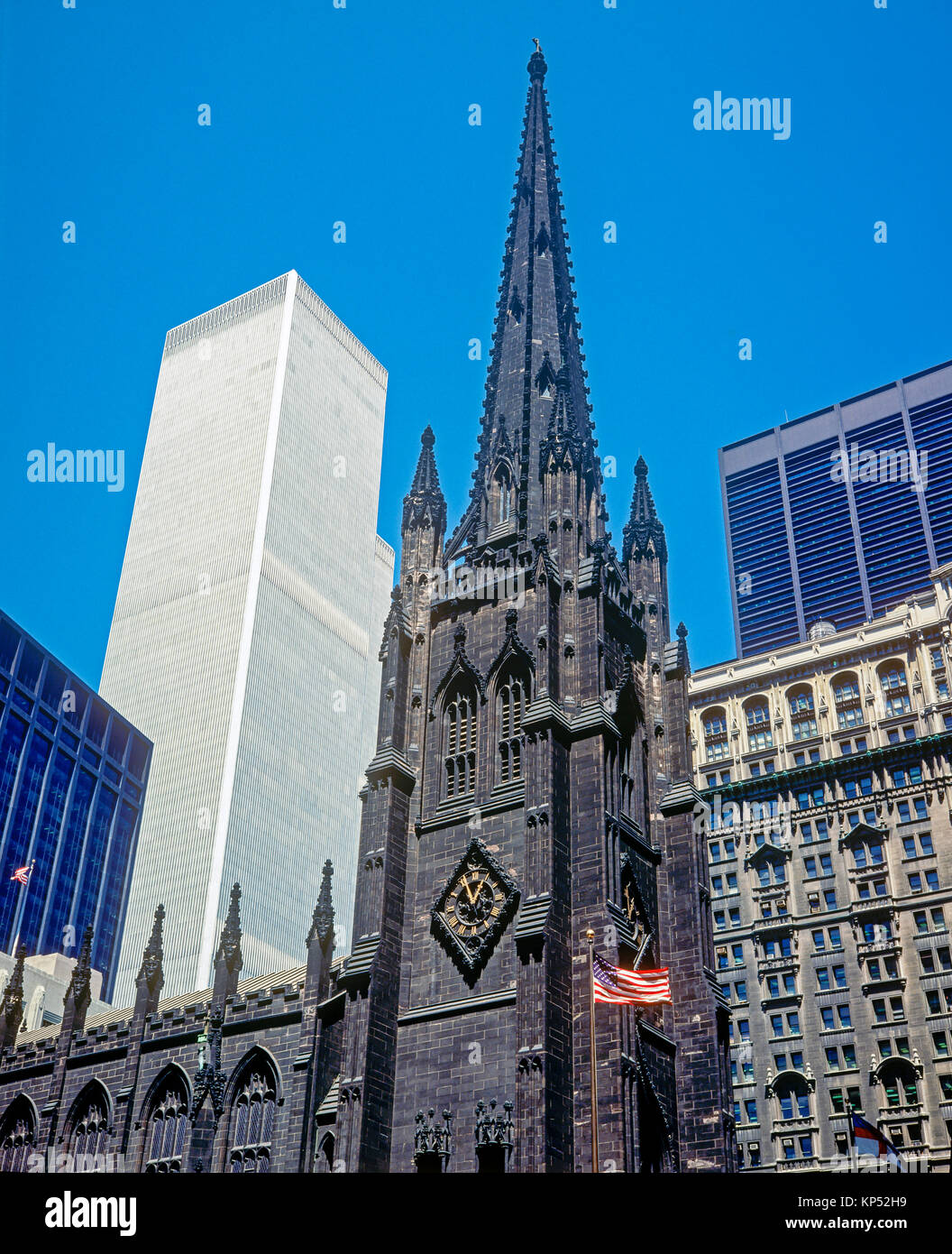 May 1982,New York,Trinity church,World Trade Center,WTC twin towers,financial district,Manhattan,New york City,NY,NYC,USA, Stock Photo