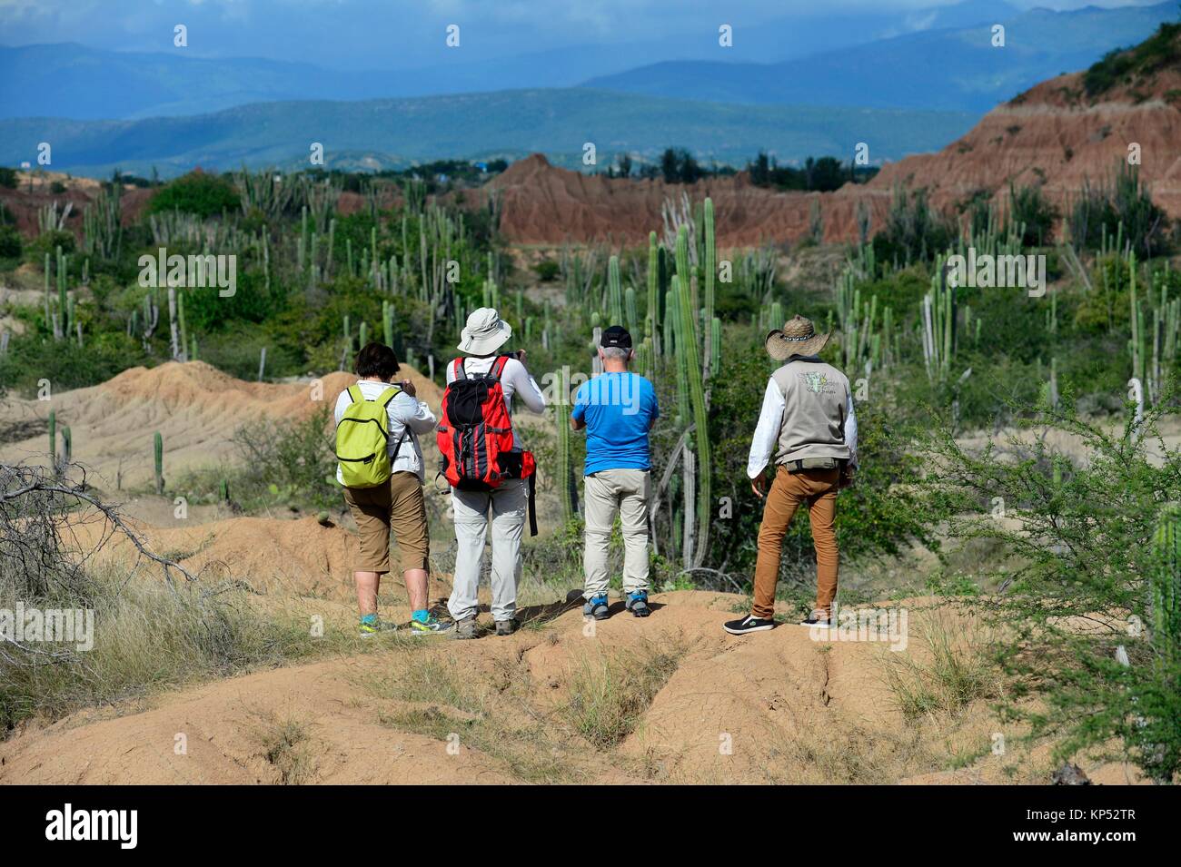 People trekking in Red hills of Tatacoa Desert in Huila, Colombia, South America. Stock Photo