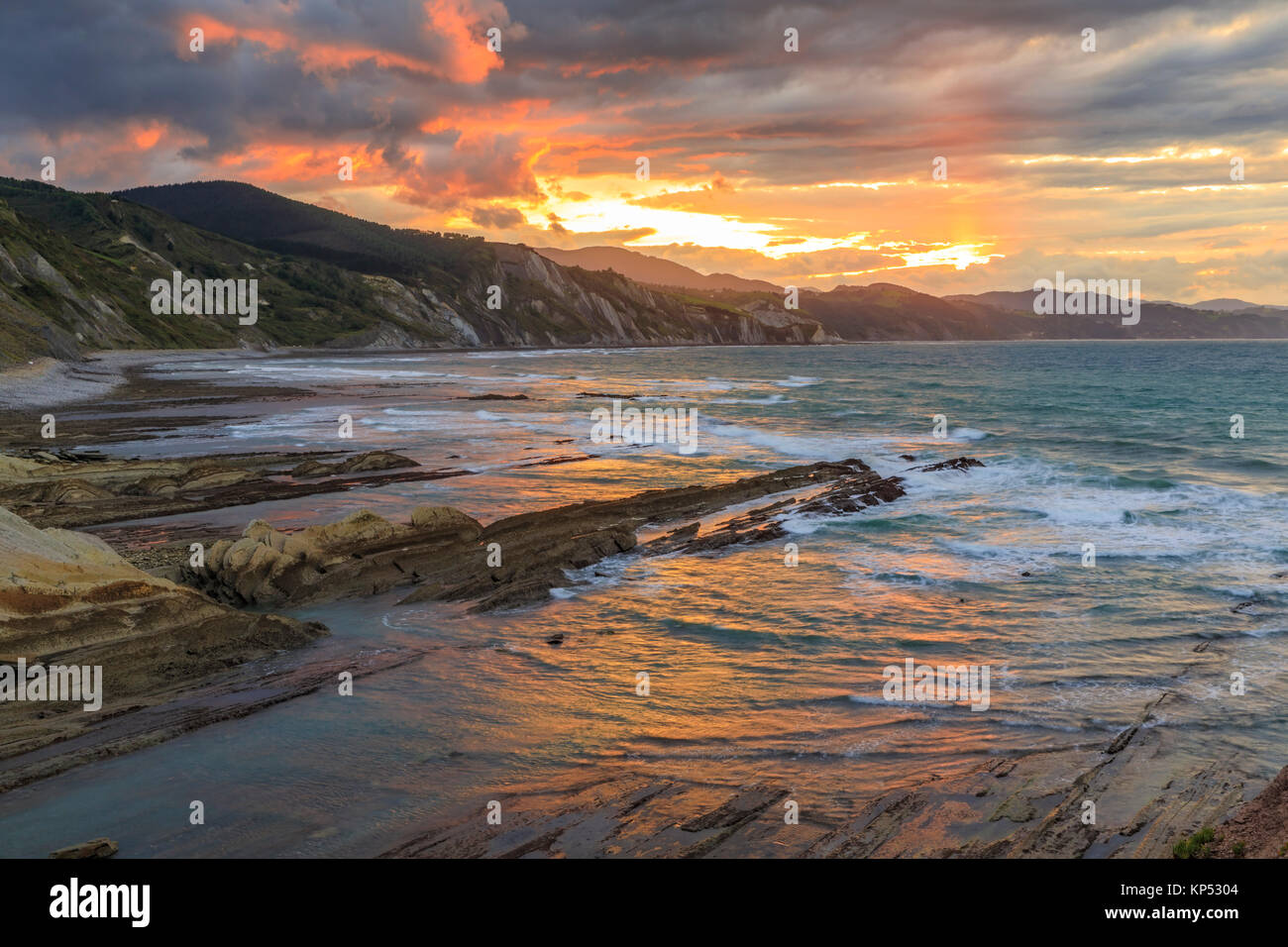 The Flysch in Zumaia in Itzurun Beach at sunset in Northern Spain, the film location of the Game
