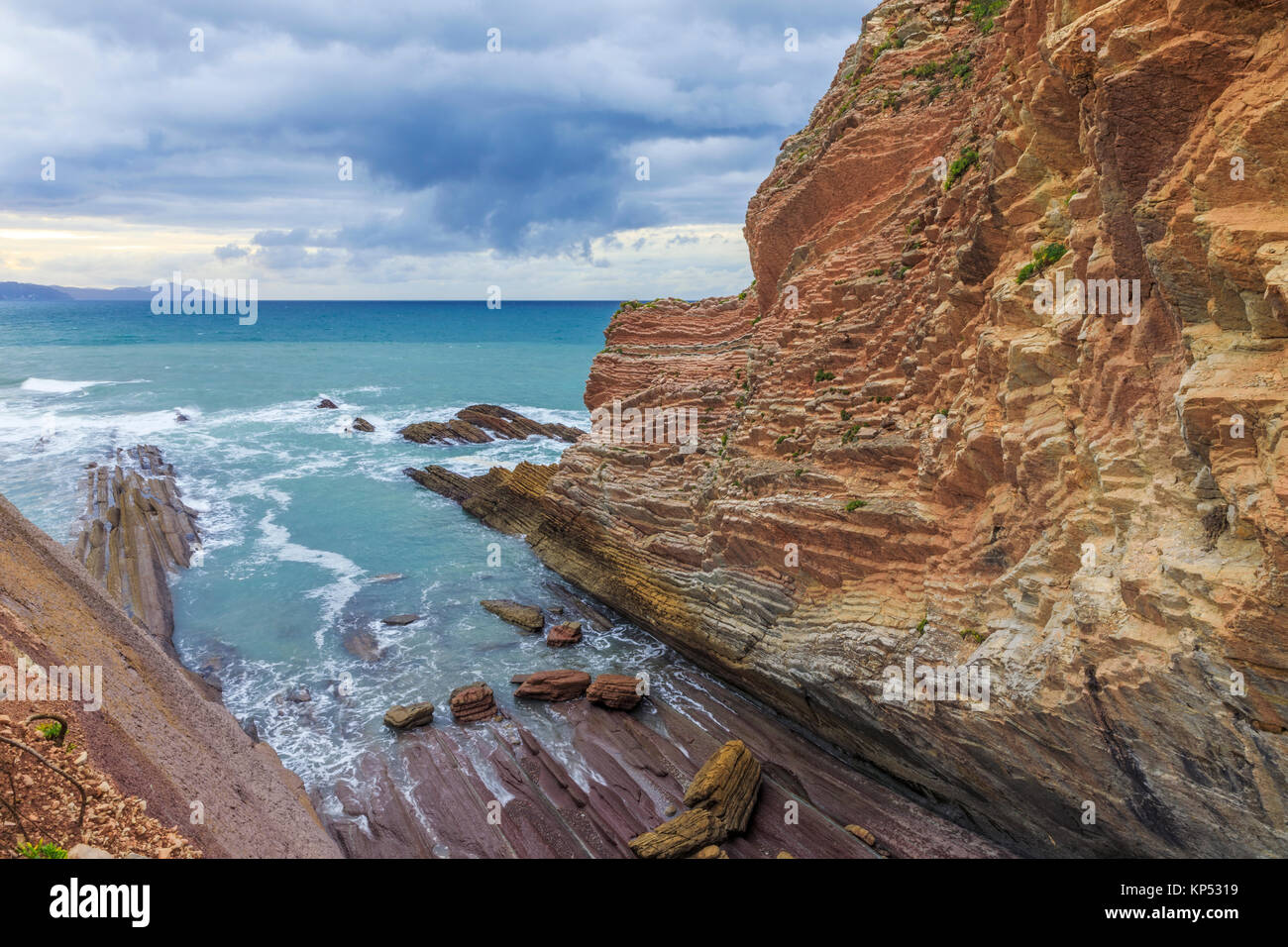 The Flysch in Zumaia in Itzurun Beach at sunset in Northern Spain, the film location of the Game