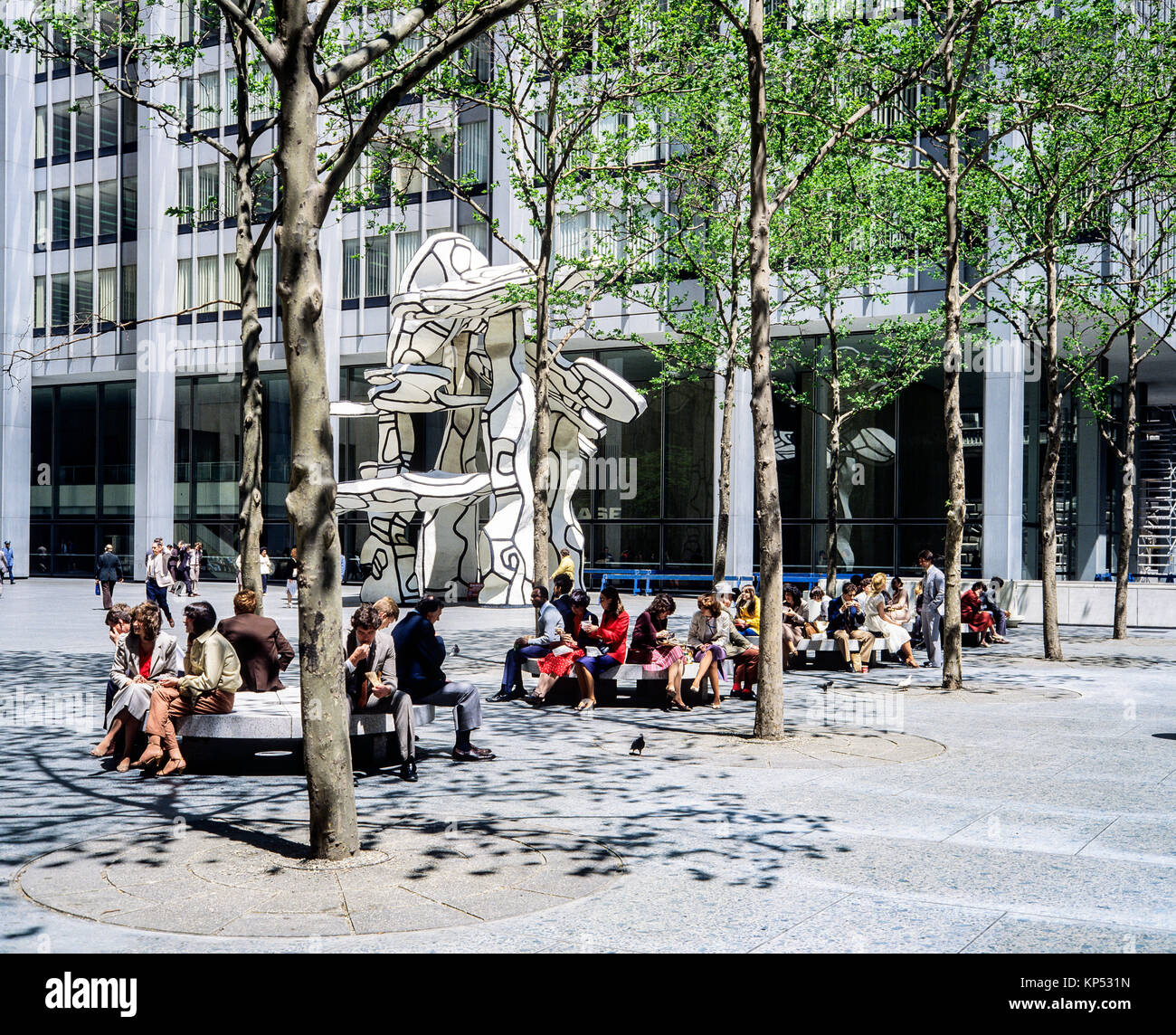 May 1982,New York,people relaxing on benches,Chase Manhattan Plaza,Group of Four Trees sculpture,Jean Dubuffet 1972,New york City,NY,NYC,USA, Stock Photo