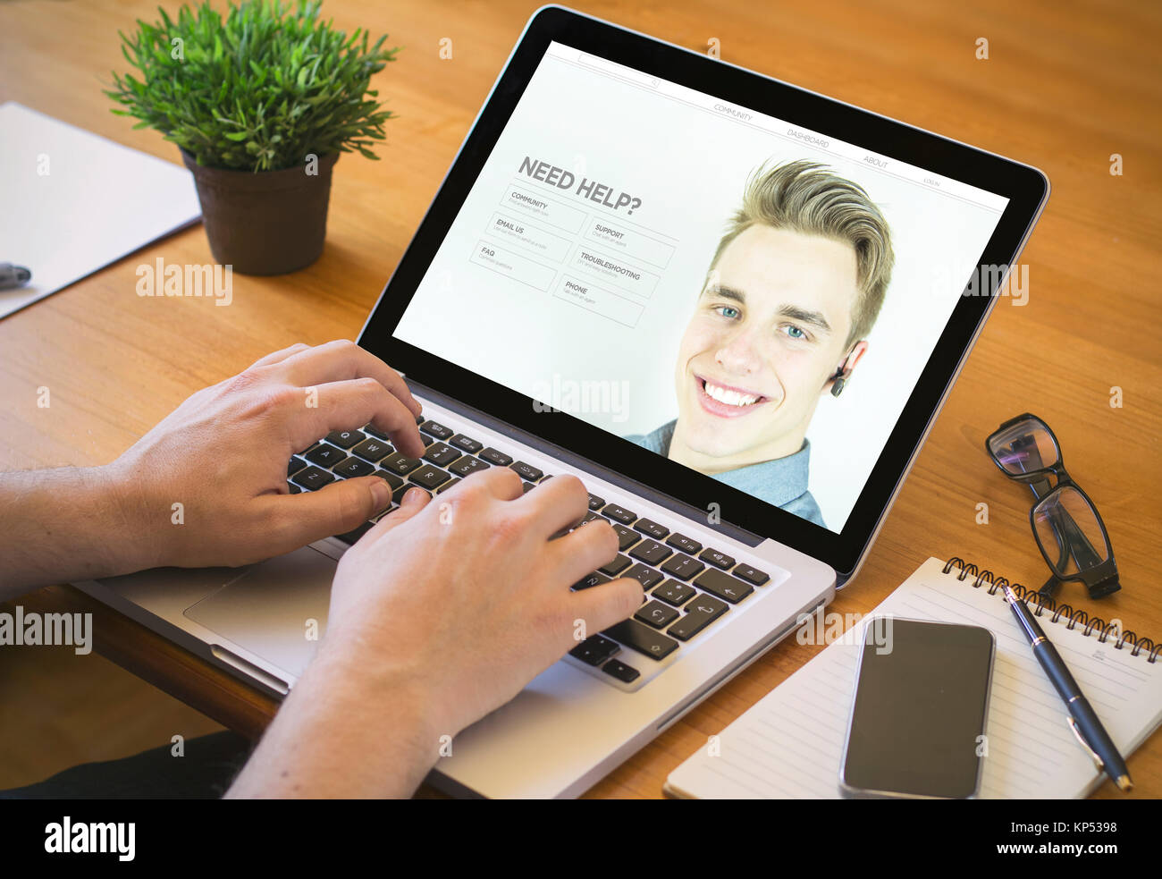 laptop customer serviceconcept. Closeup top view of man with customer