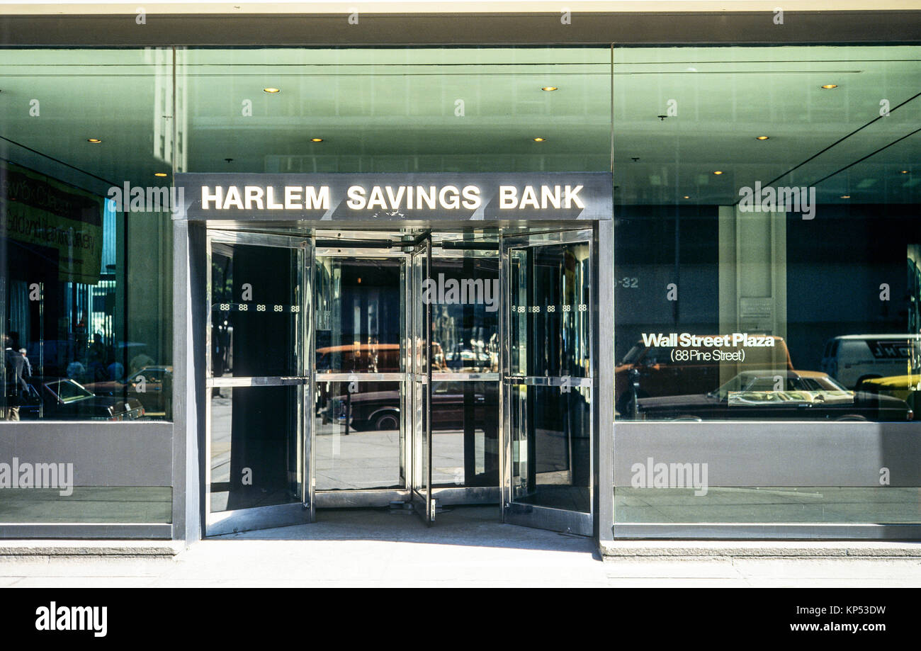 May 1982,New York,Harlem Savings bank,branch office,Wall street Plaza,financial district,lower Manhattan,New york City,NY,NYC,USA, Stock Photo