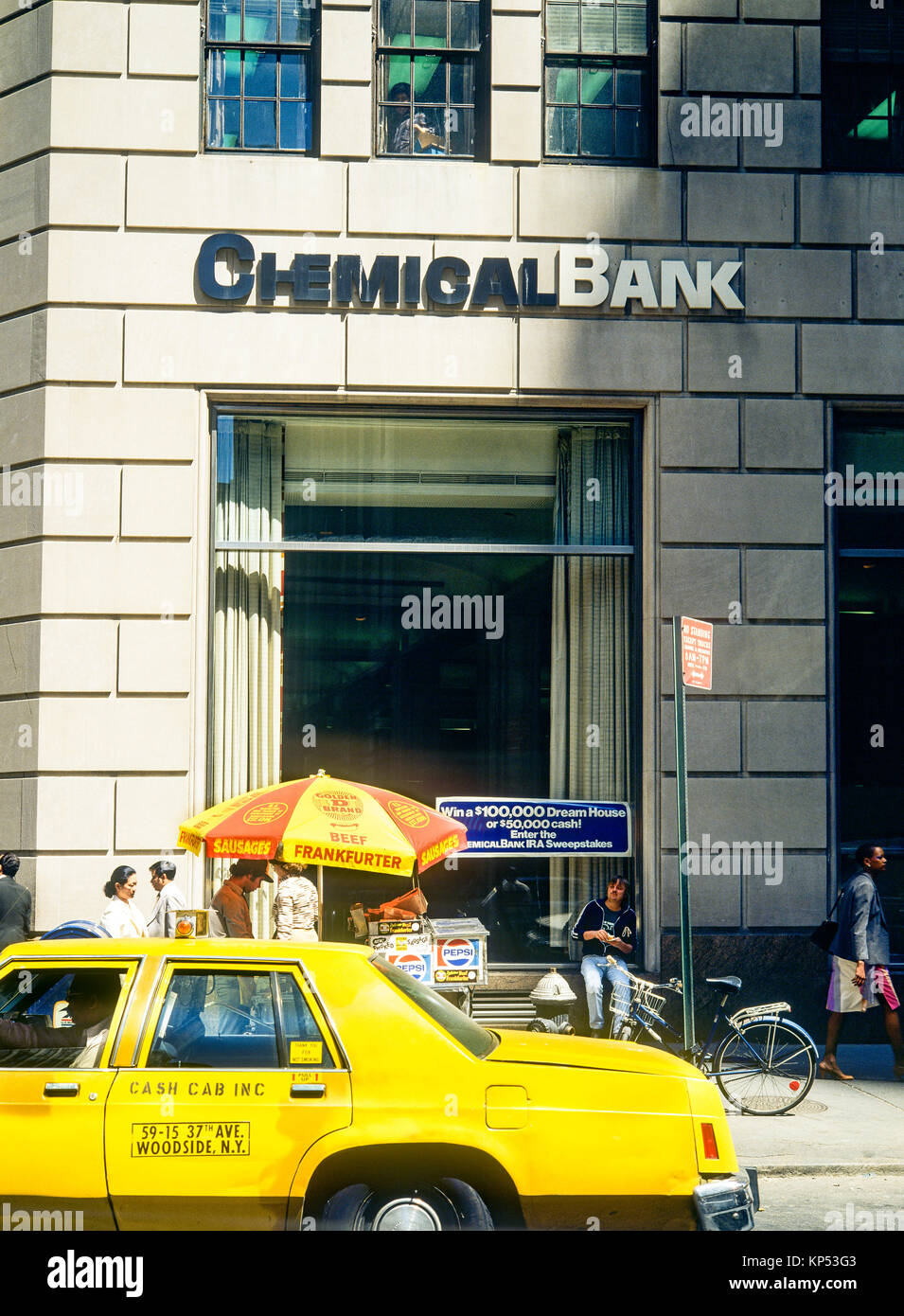 May 1982,New York,yellow cab,people,Chemical bank branch office,Manhattan,New york City,NY,NYC,USA, Stock Photo