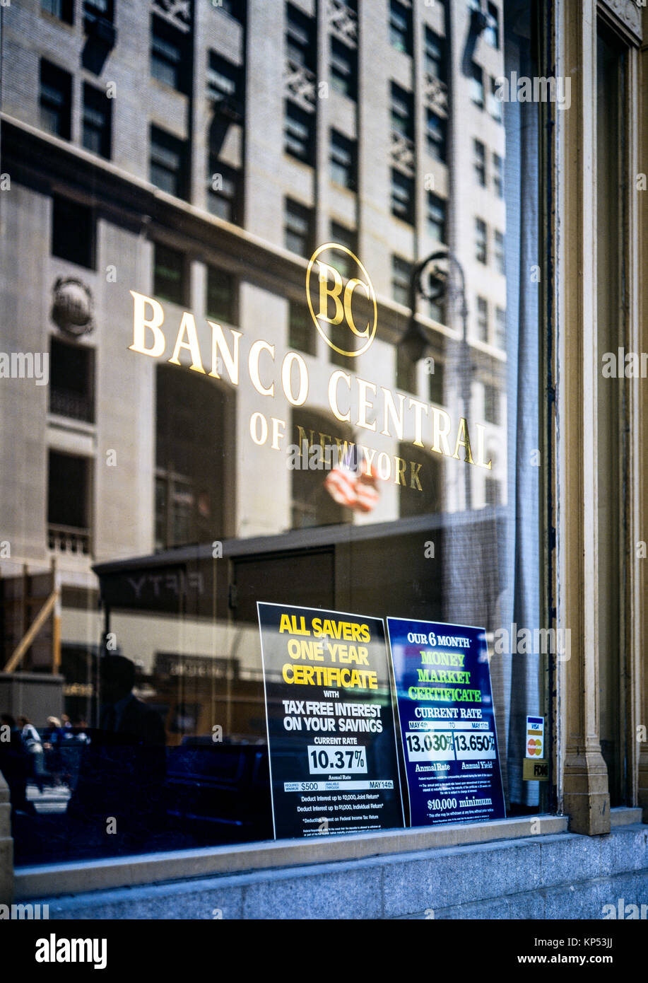 May 1982,New York,Banco Central of New York bank,branch office,high interest notice,Manhattan,New york City,NY,NYC,USA, Stock Photo