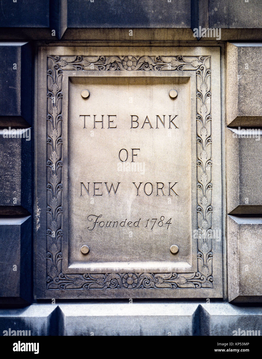 May 1982,New York,The Bank of New York sign,founded 1784,BNY Mellon, One Wall street,financial district,lower Manhattan,New york City,NY,NYC,USA, Stock Photo