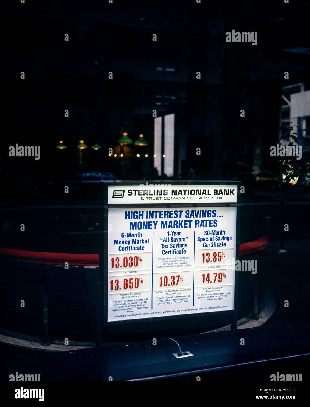 May 1982,New York,money market rates notice,high interest savings,Sterling National bank,branch office,Manhattan,New york City,NY,NYC,USA, Stock Photo