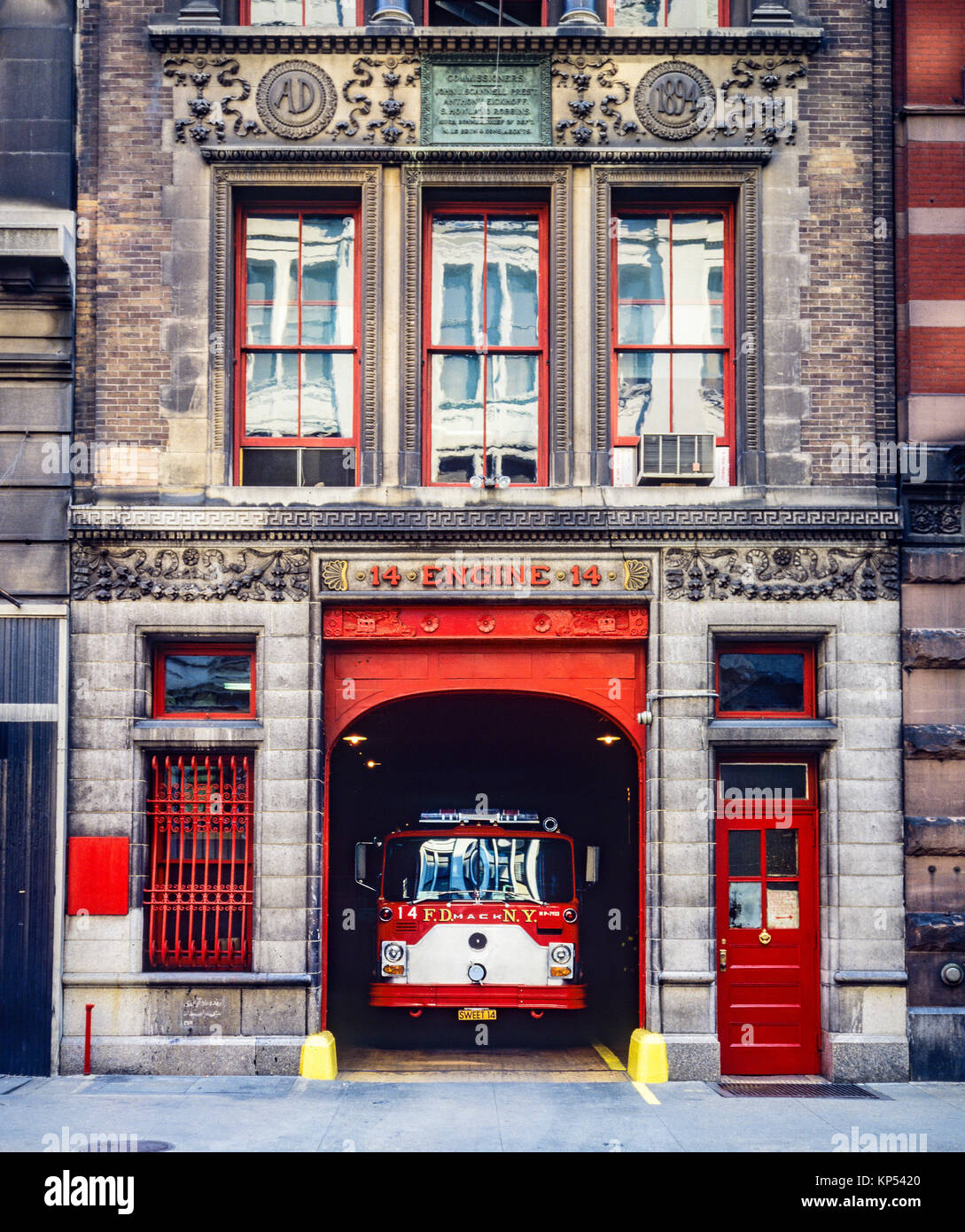 May 1982,New York,fire station house Engine 14,red Mack firetruck,NYFD,14 East 18th street,Manhattan,New york City,NY,NYC,USA, Stock Photo