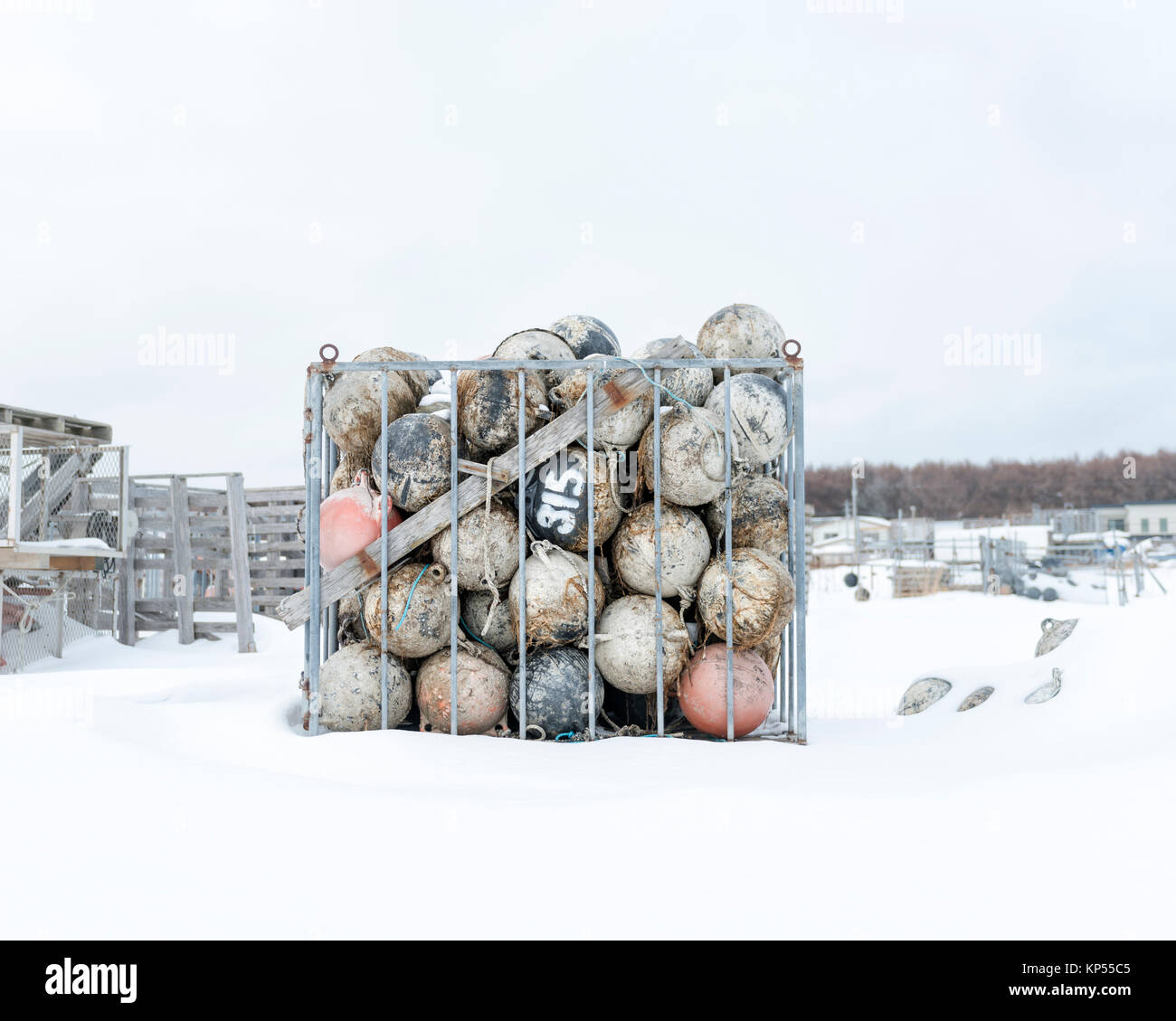 Plastic fishing floats stored for the winter in Hokkaido Japan Stock