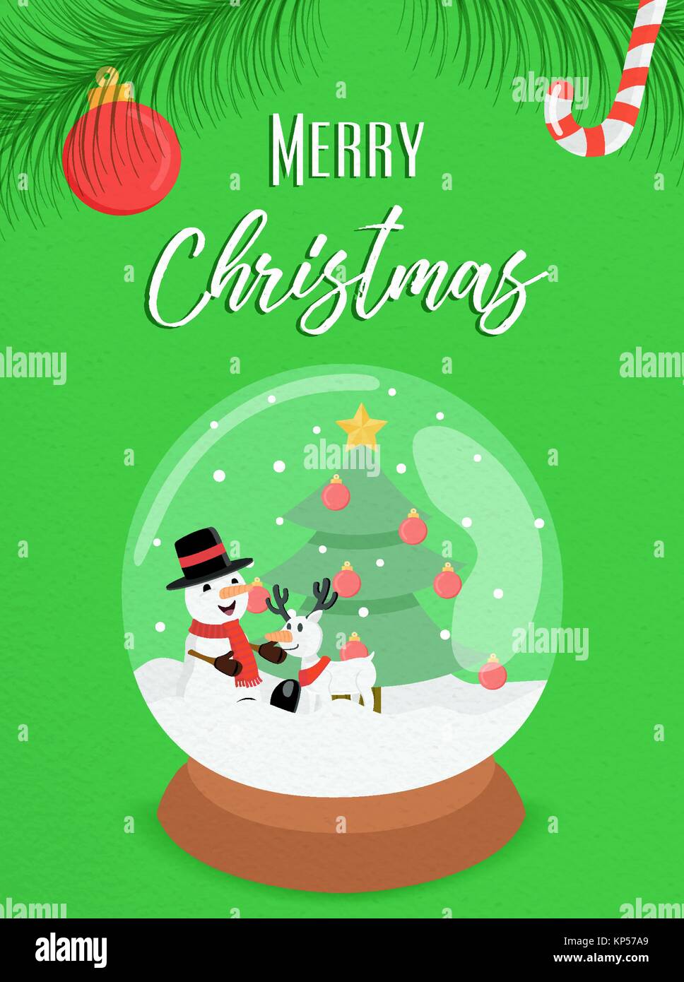 Merry Christmas greeting card snow globe illustration for holiday season.  Funny winter snowman character with reindeer and typography quote. EPS10  vec Stock Vector Image & Art - Alamy