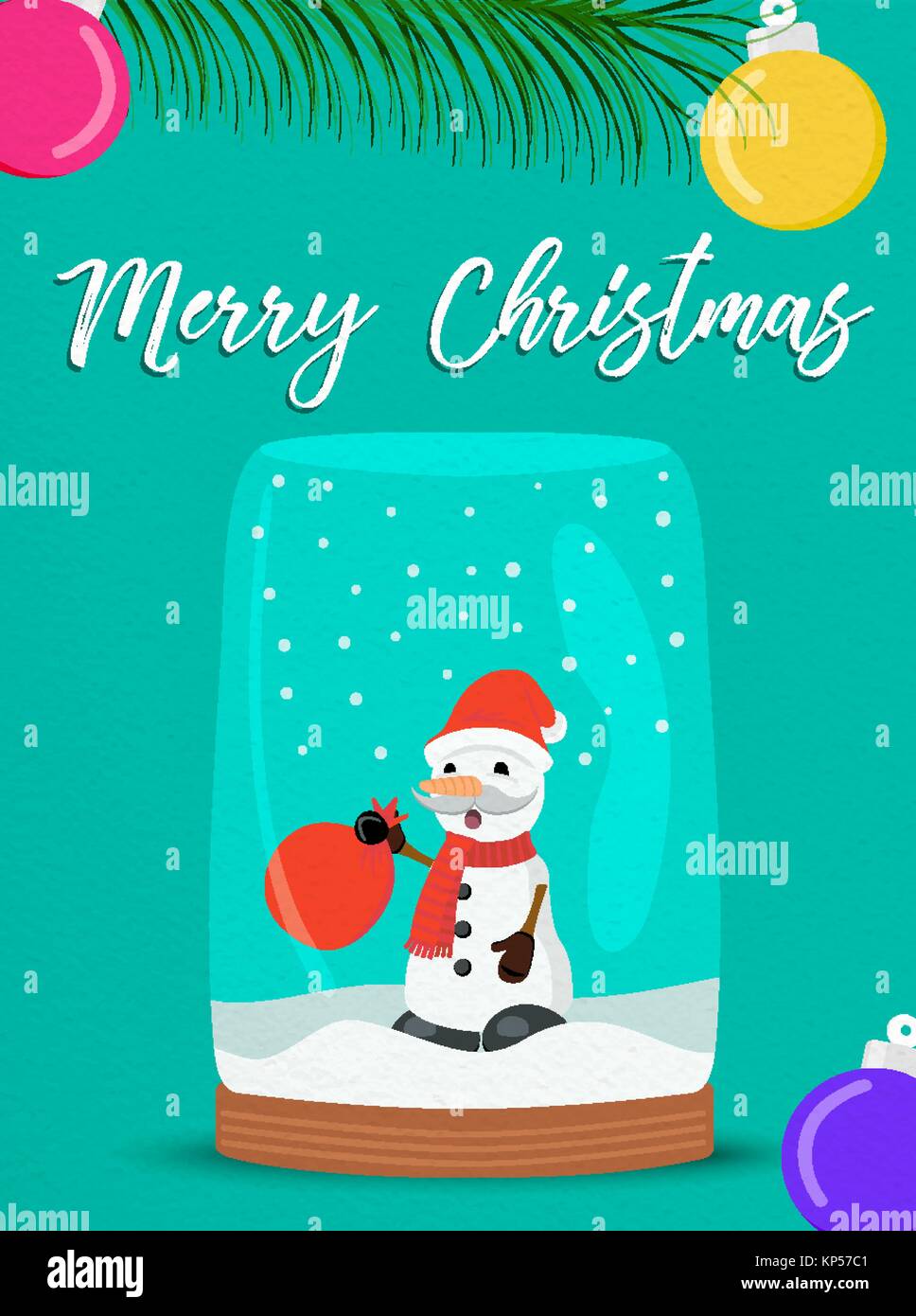 Merry Christmas greeting card with snow globe illustration for holiday  season. Funny snowman character in santa claus costume and typography quote.  EP Stock Vector Image & Art - Alamy