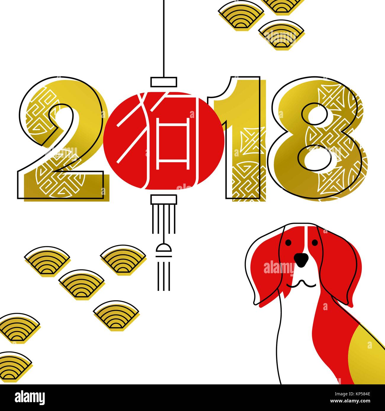 Chinese New Year 2018 modern line art greeting card with beagle dog, asian lamp and gold color typography. EPS10 vector. Stock Vector