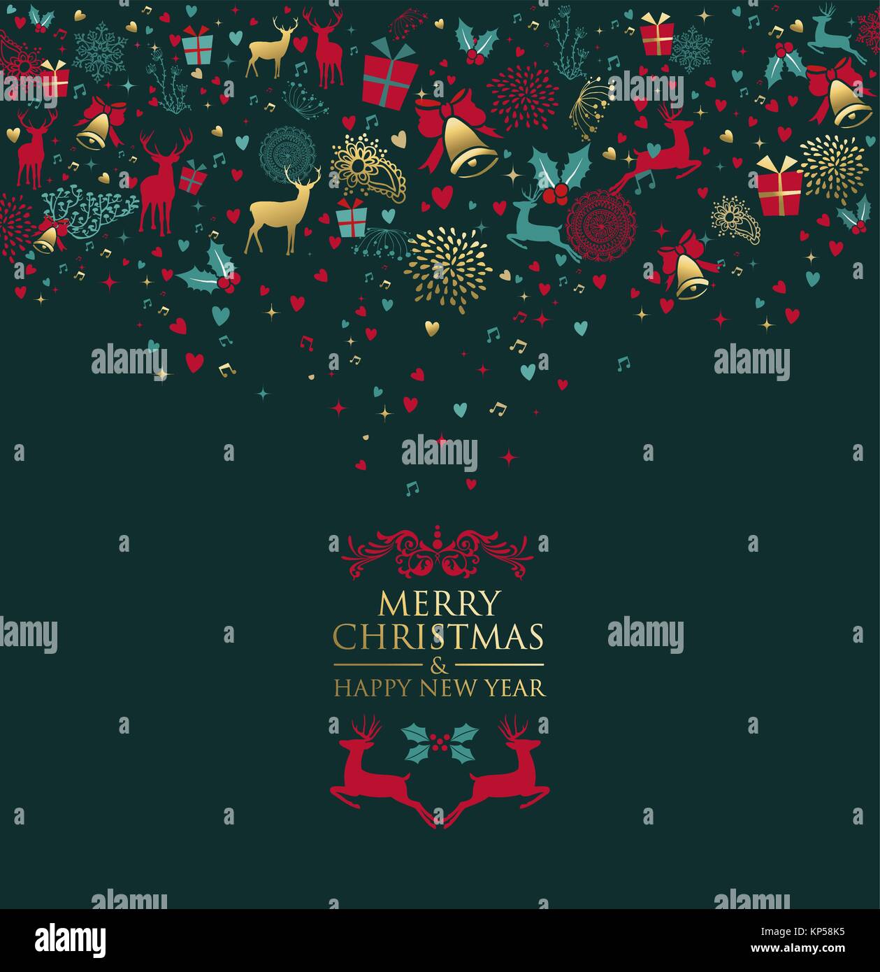 Merry Christmas Happy New Year decoration in gold color with deer and ...