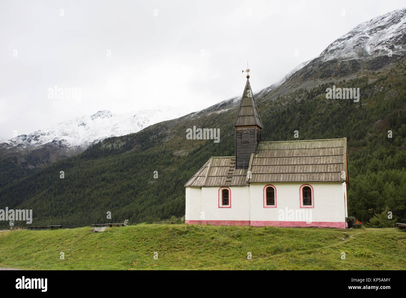 Church at otztal alps mountain in Schnals city for Austrian people and foreigner travelers praying and respect Jesus god in Bolzano, Austria Stock Photo