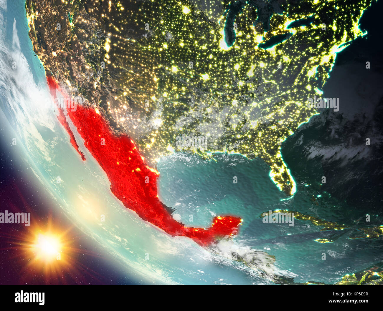 Mexico during sunset highlighted in red on planet Earth with clouds. 3D ...