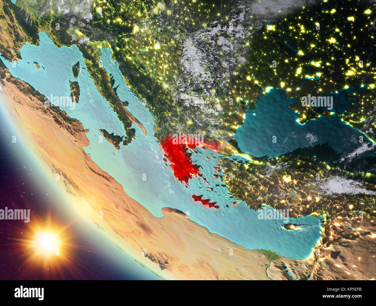 Greece during sunset highlighted in red on planet Earth with clouds. 3D ...