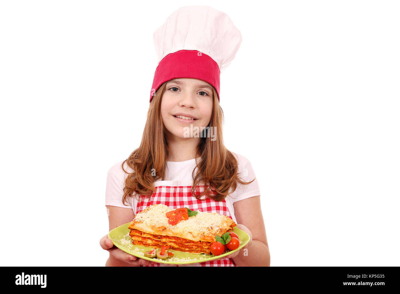 happy little girl cook with Italian lazagne Stock Photo
