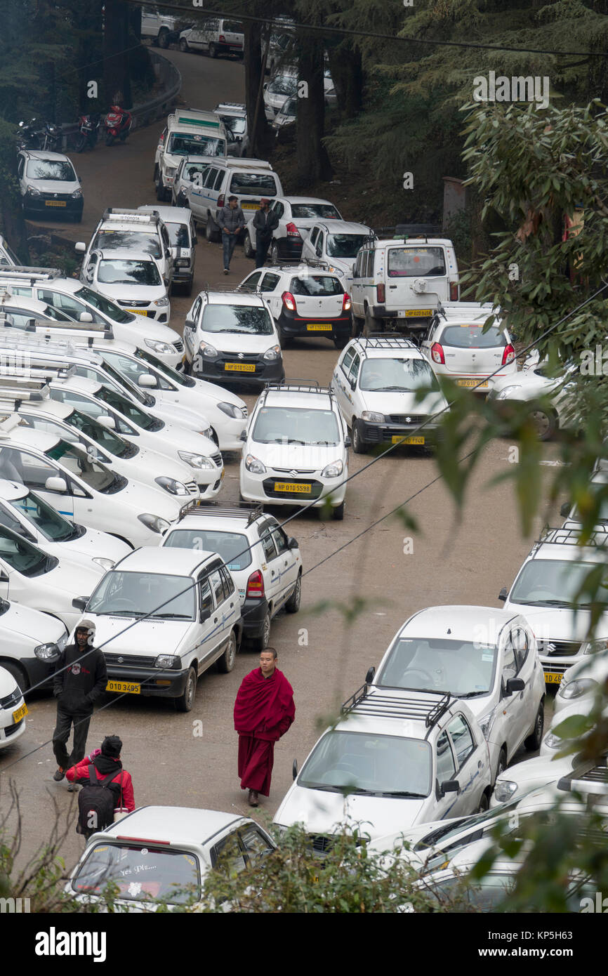 Over abundance of taxis parked in Mcleod Ganj, Himachal Pradesh, India Stock Photo