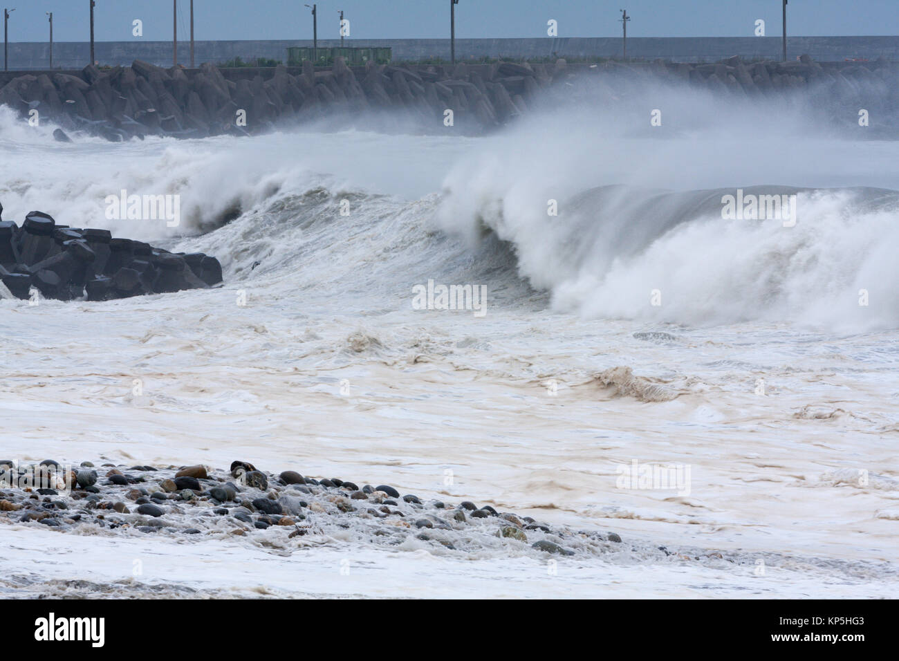 Typhoon Parma strong waves batter breakwaters in the coastal city of Hualien, east coast of Taiwan, as it stalls south of the island on Oct. 6th, 2009 Stock Photo