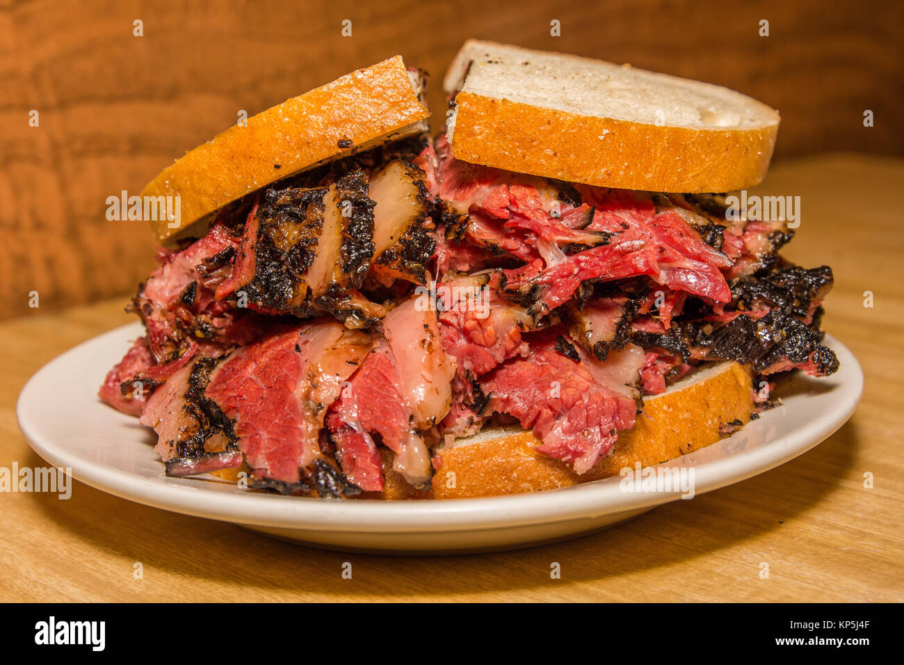 close up of large pastrami sandwich on rye bread Stock Photo Alamy
