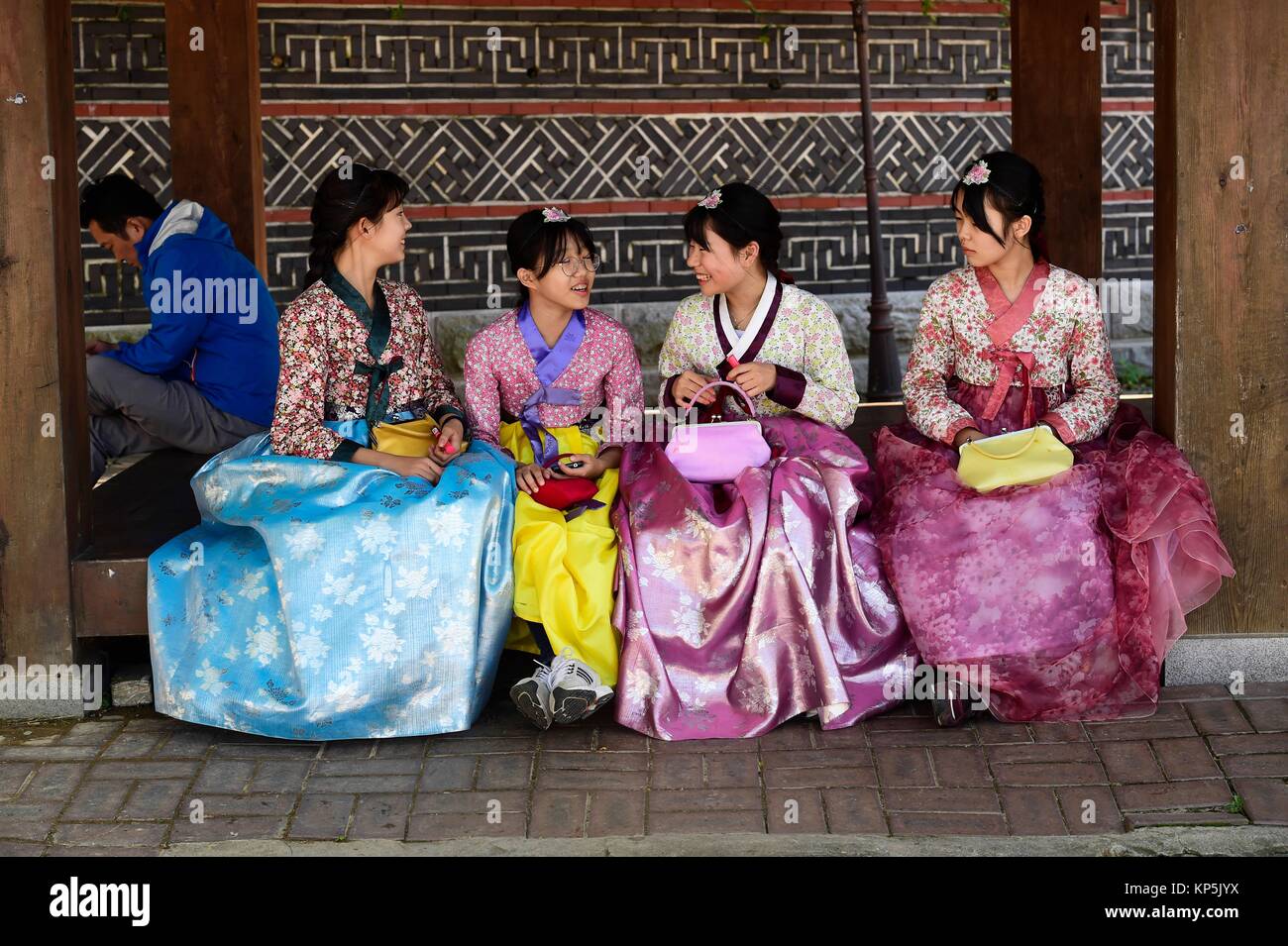 Women in traditional costume in Jeonju, South Korea. Stock Photo