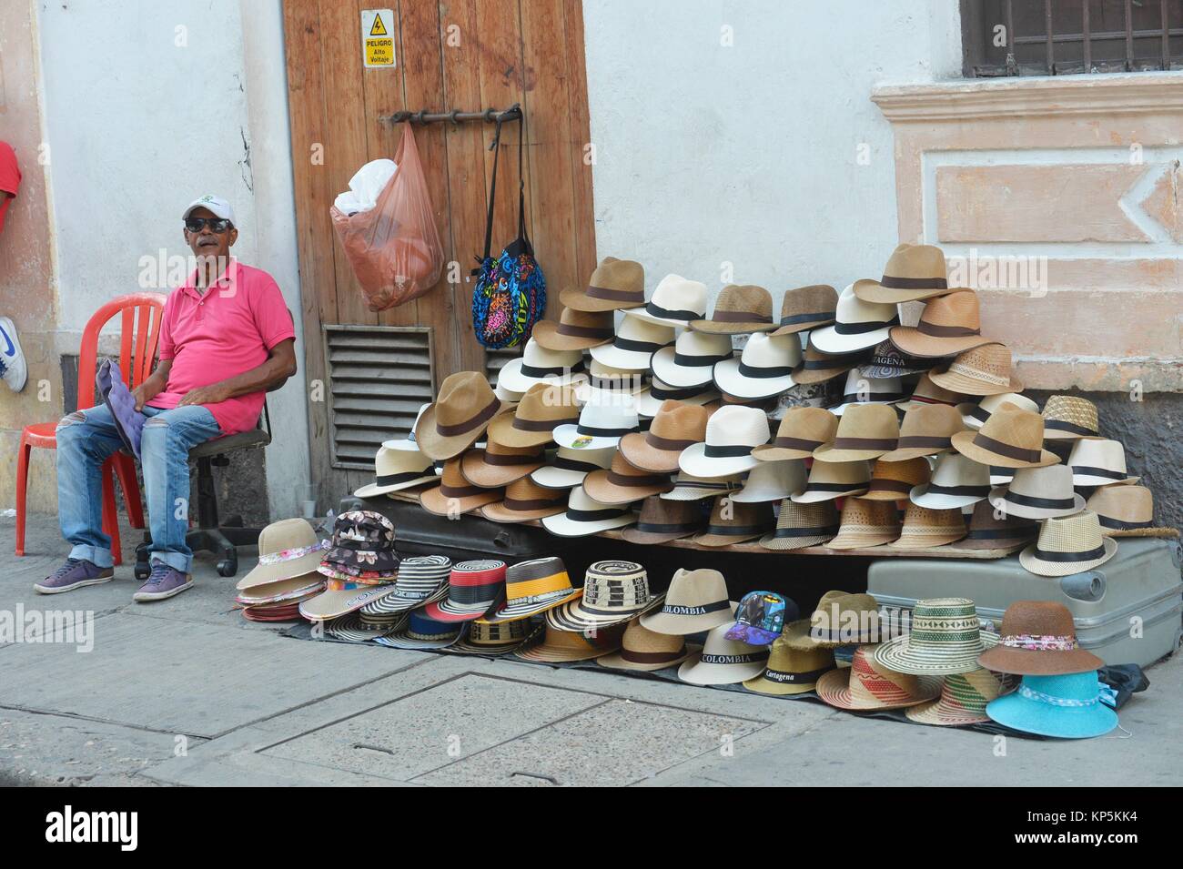 A street vendor selling sombrero in Cartagena,Colombia,South America. Stock Photo