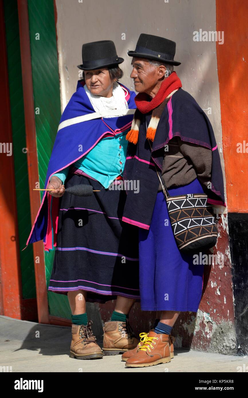 Colombian ethnic people,Guambiano indigenous group in national clothes on the Silvia market,Colombia,South America. Stock Photo