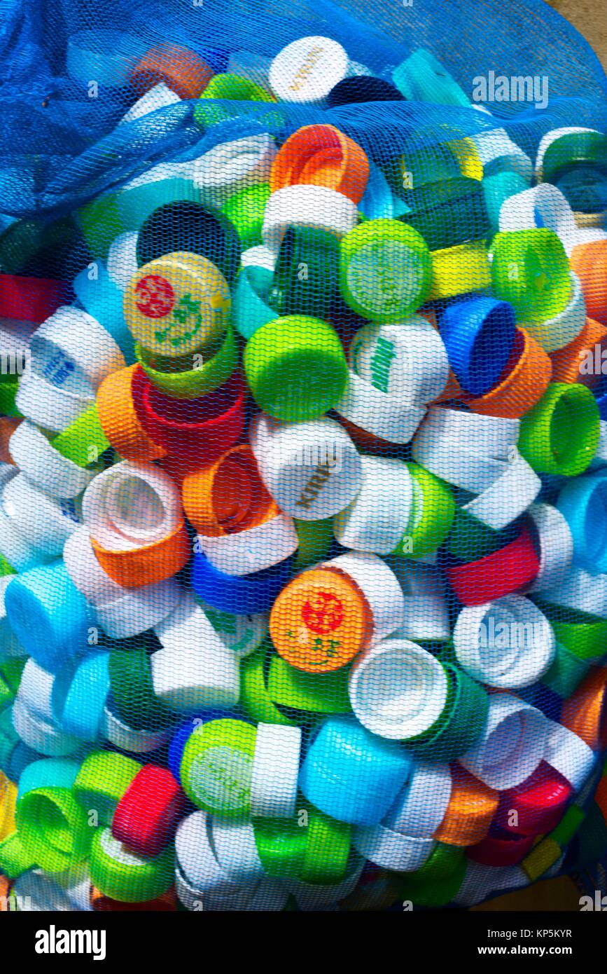 Lot of colorful plastic caps, Japan,Asia. Stock Photo
