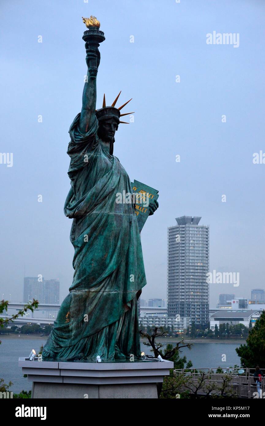 Replica of statue of Liberty in Tokyo Bay at Odaiba in Tokyo, Japan