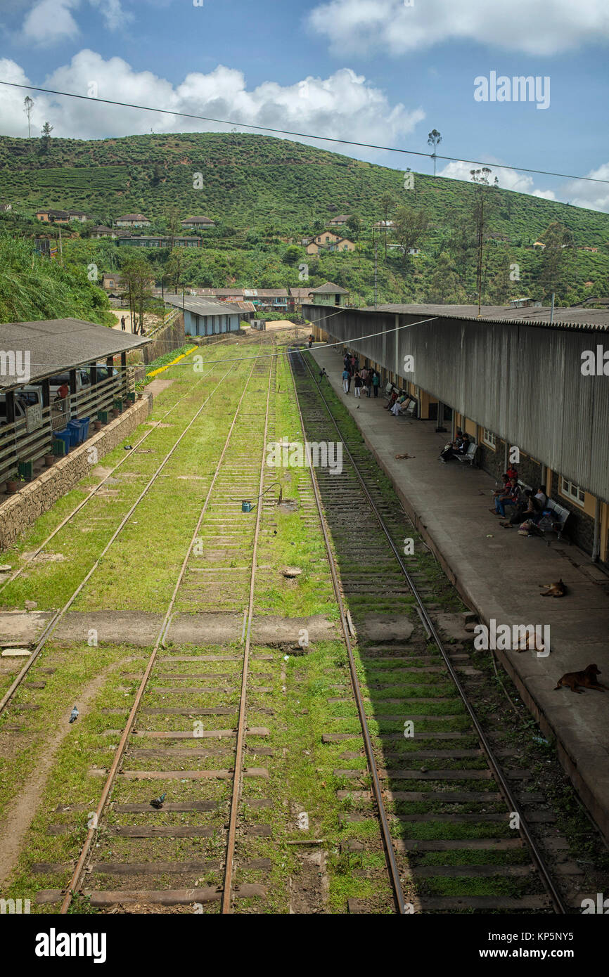 People wating on the platforms at Nanu Oya, Railway station in Central Province, Nuwaraelyia District, Sri Lanka Stock Photo