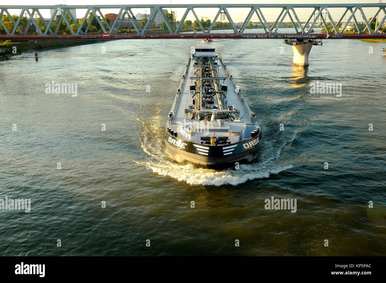 Nautical Vessel navigate on the Rhein river between Germany and France Stock Photo