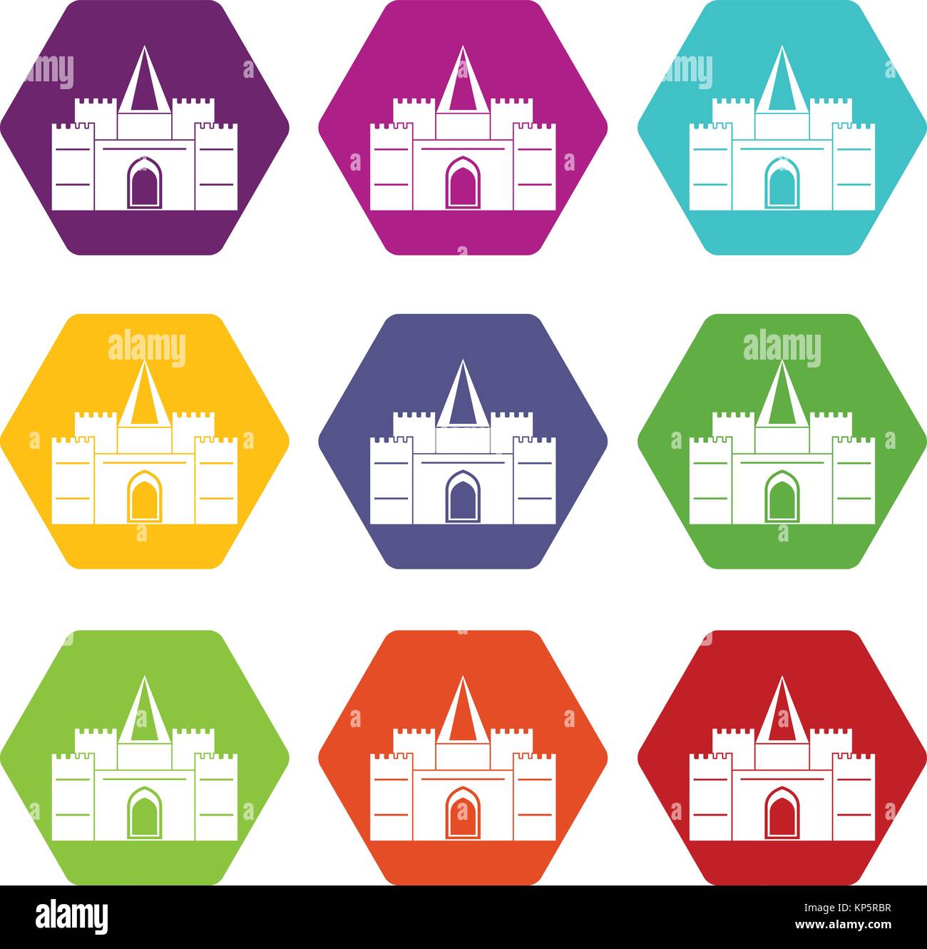 Residential mansion with towers icon set color hexahedron Stock Vector ...