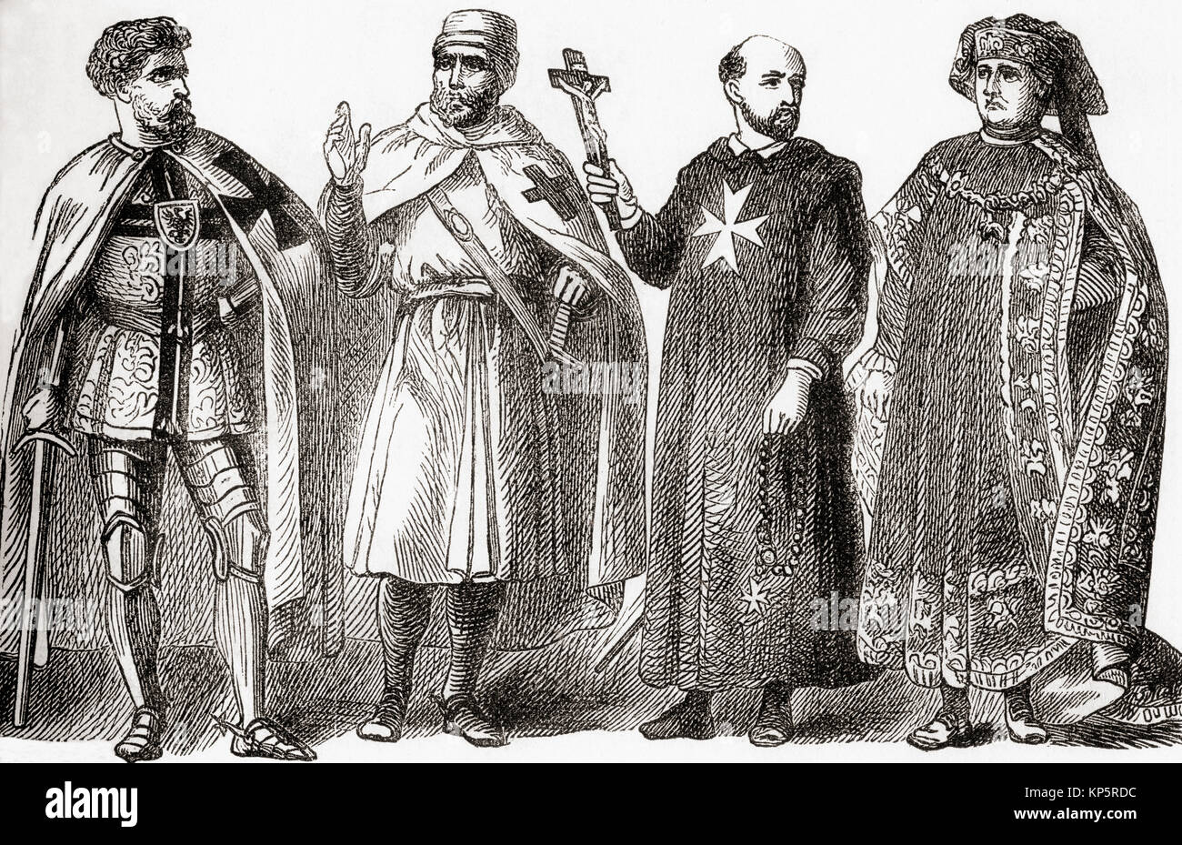 From left to right, Teutonic knight, Templar, Knight of St. John and of The Order of The Golden Fleece.  From Ward and Lock's Illustrated History of the World, published c.1882. Stock Photo