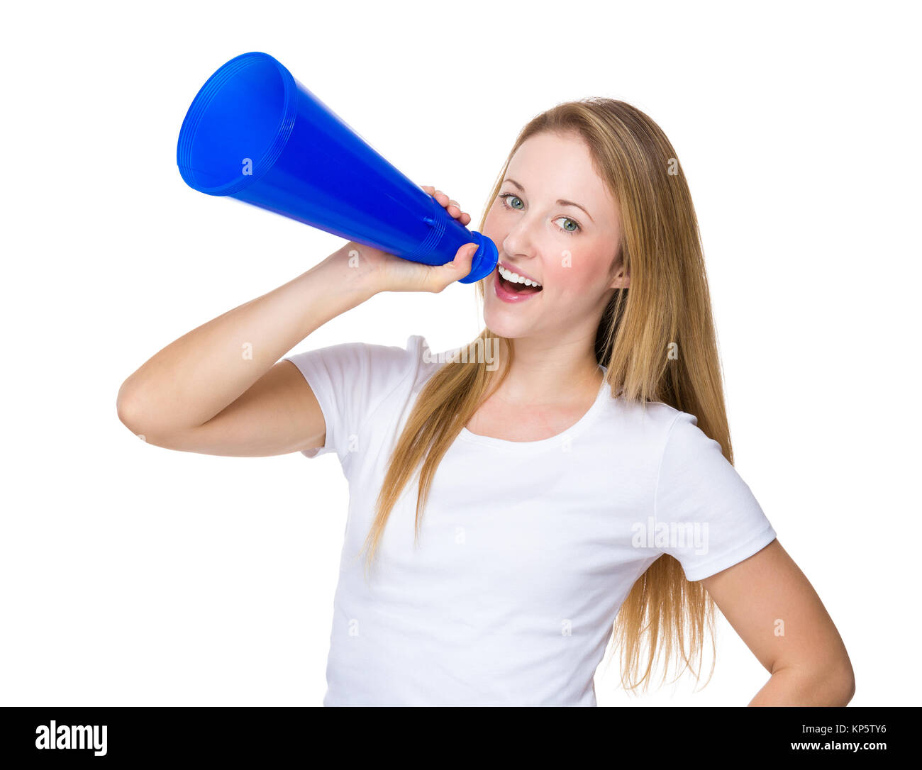 Young woman yelling into megaphone Stock Photo Alamy