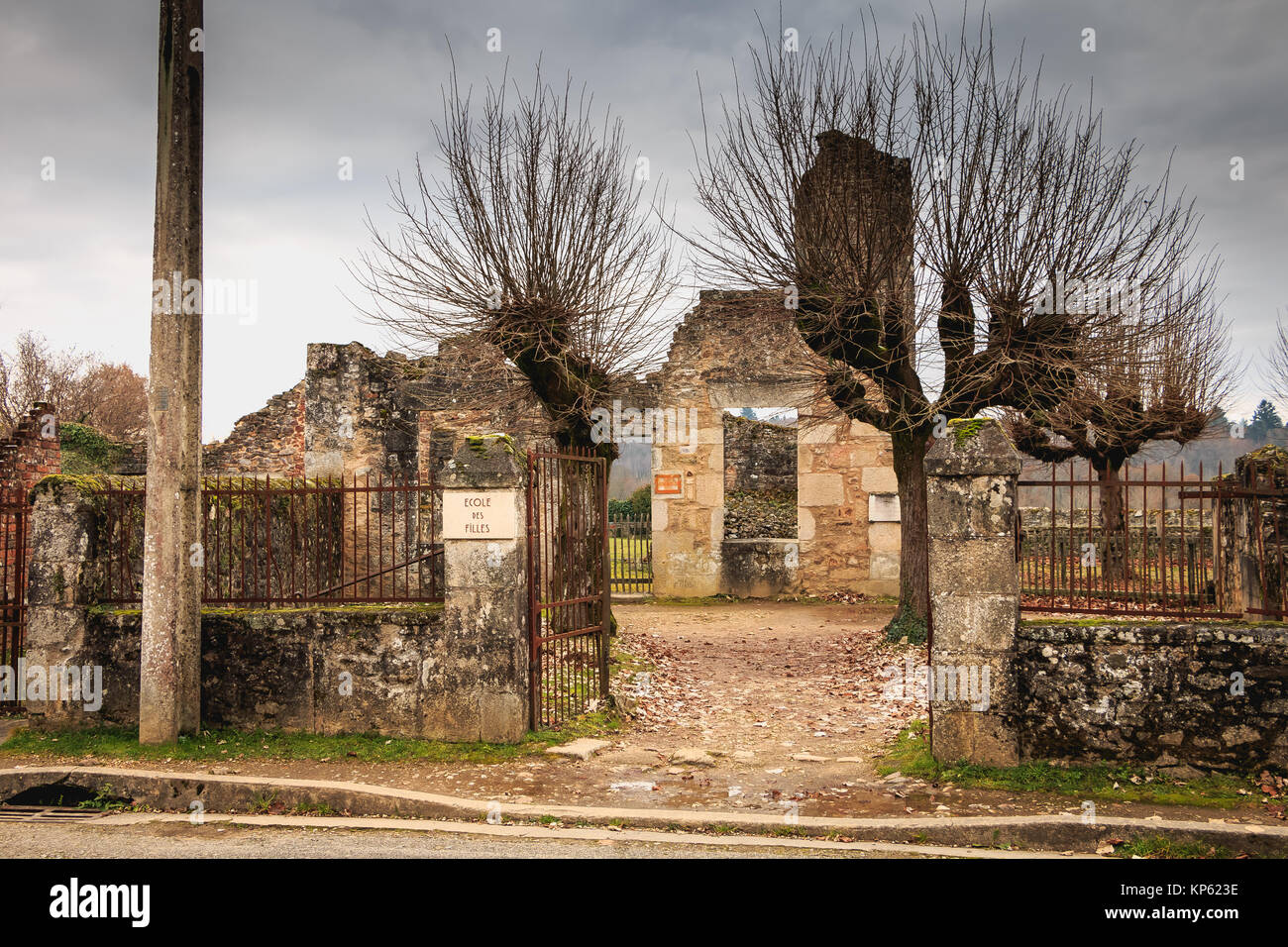 ORADOUR SUR GLANE, FRANCE - December 03, 2017 : Remains of girls' school, destroyed by fire after Nazi massacre of the population on June 10, 1944 Stock Photo