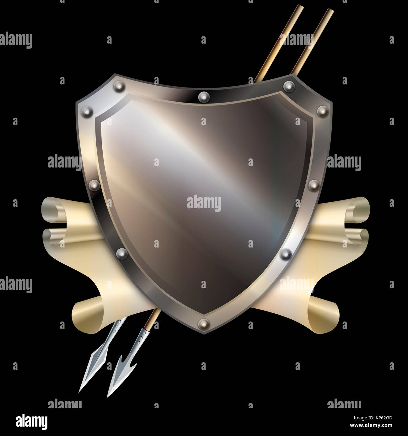 Ancient shield and scroll parchment on black background Stock Photo - Alamy