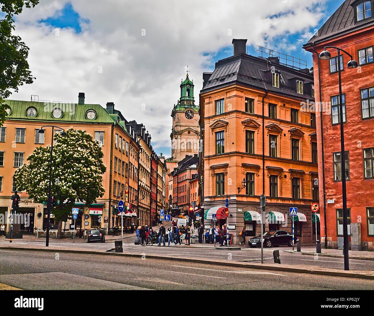 Old town Stockholm with the clock tower of the Church of St. Nicholas