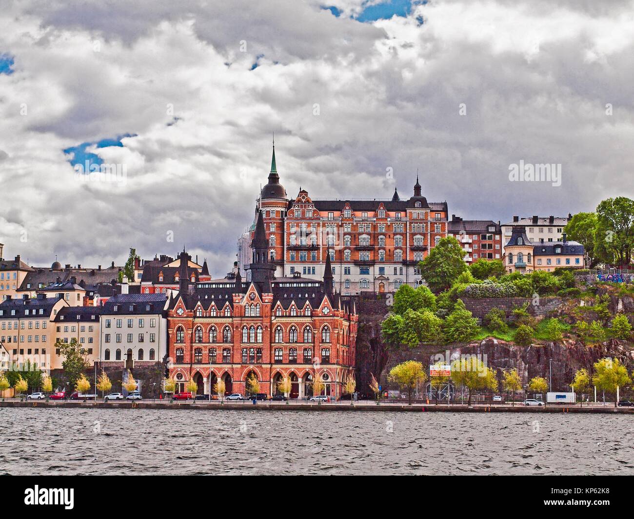 Apartment buildings in Stockholm, Sweden. The red building atop the