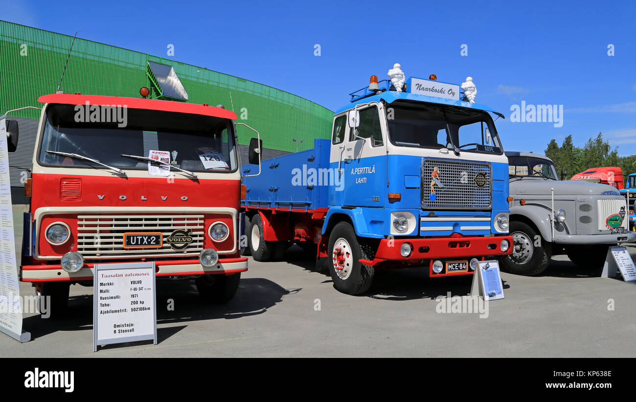 HELSINKI, FINLAND - JUNE 11, 2015:  Classic Volvo trucks, from left F86 year 1971, FB88 year 1968 and N86 year 1966 at Logistics Transport 2015. Stock Photo