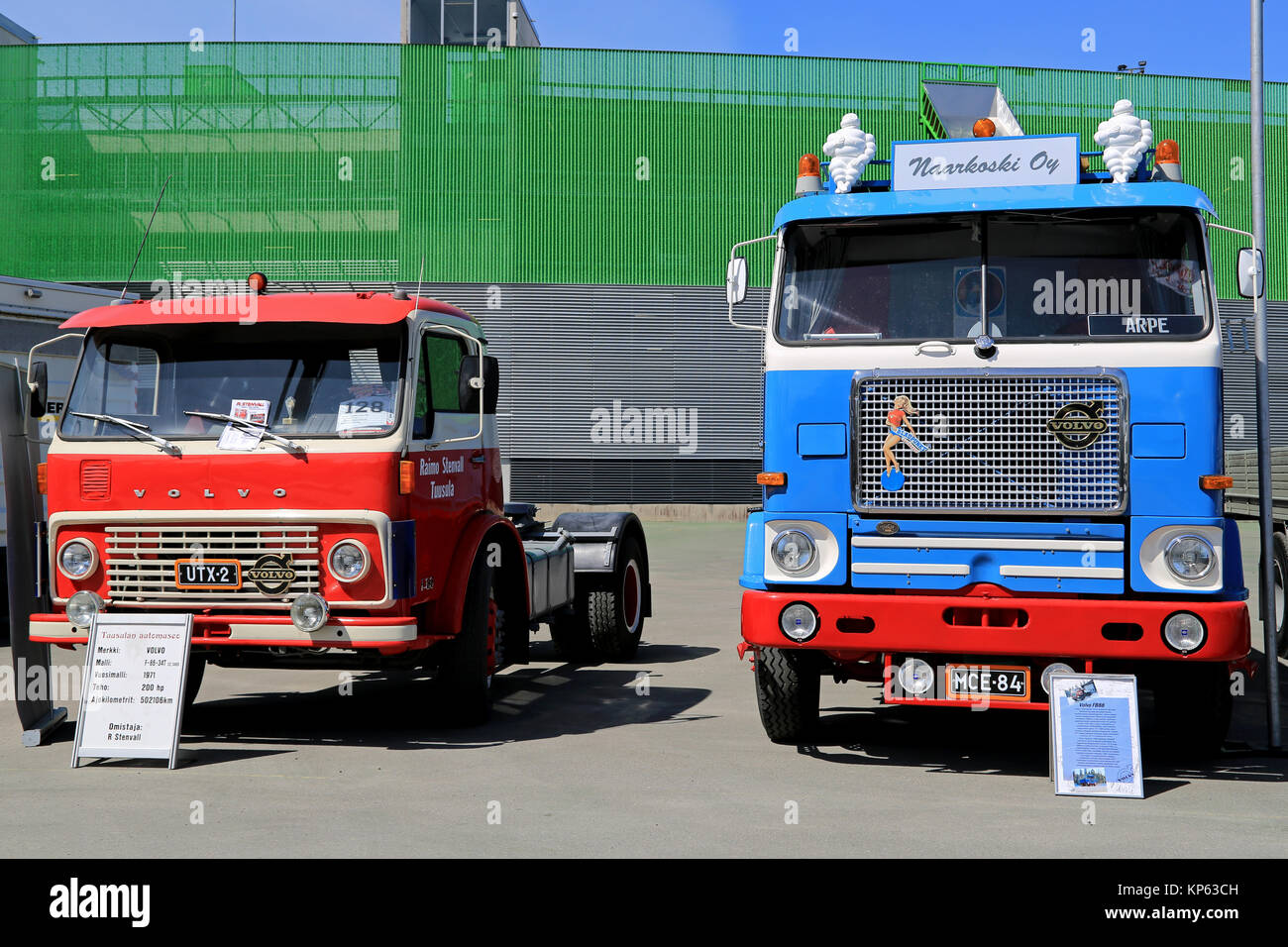 HELSINKI, FINLAND - JUNE 11, 2015:  Classic Volvo trucks, from left F88 year 1971 and FB88 year 1968 at Logistics Transport 2015. Stock Photo