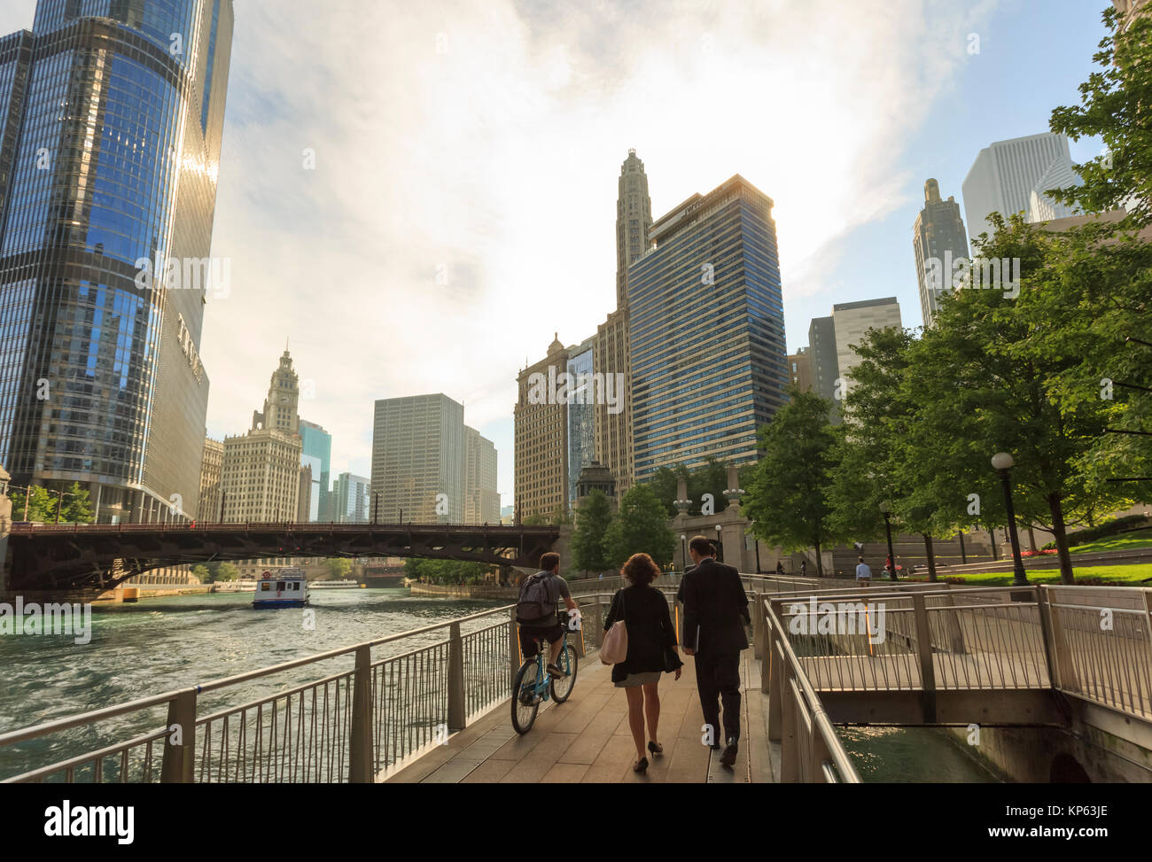 People on Chicago River Walk with skyline and Chicago River, Chicago, Illinois, USA Stock Photo