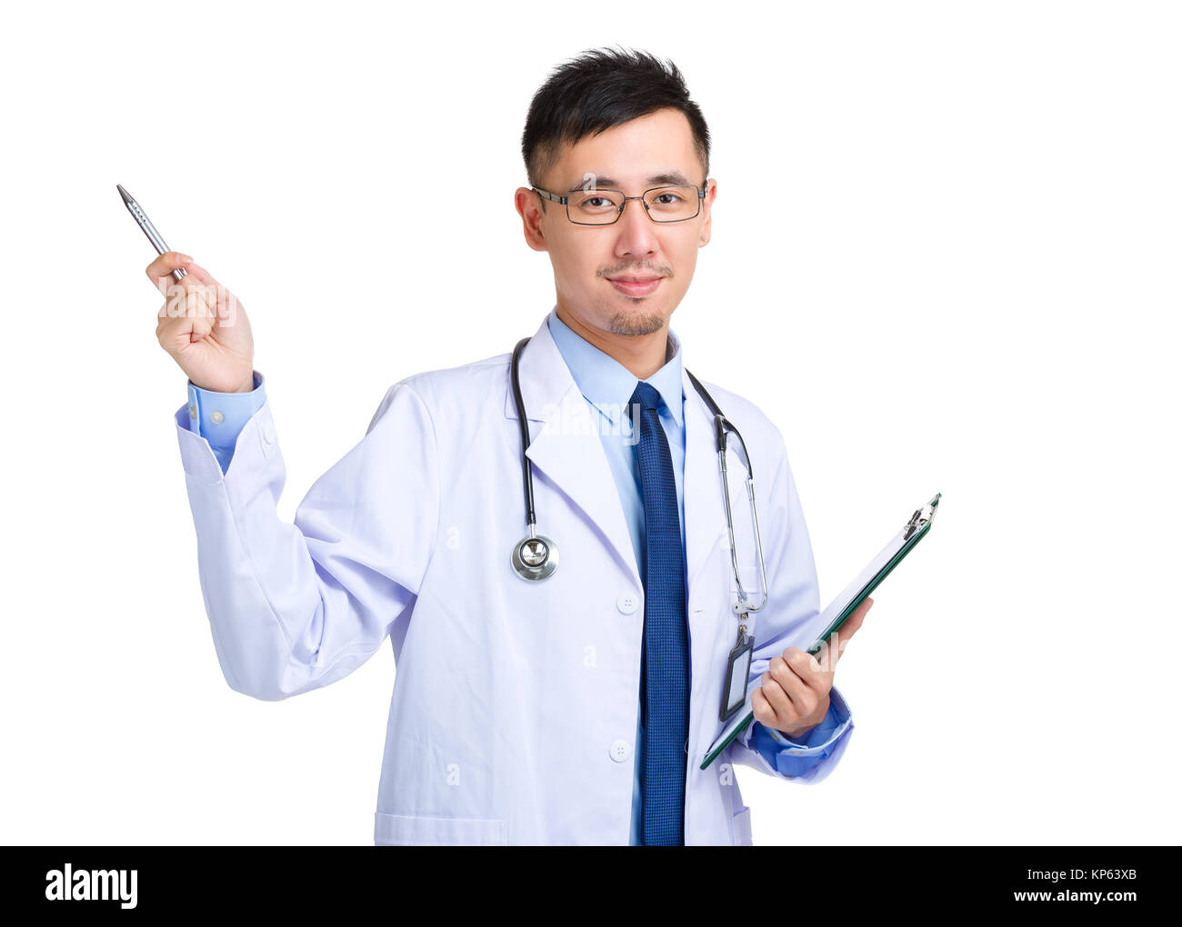 Asian doctor man hold with clipboard and pen point up Stock Photo - Alamy