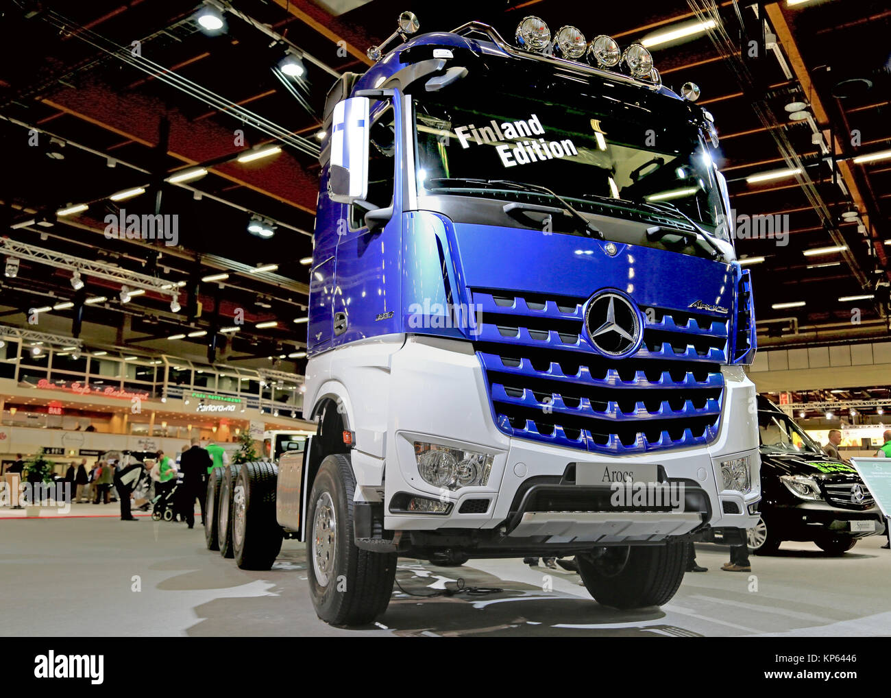 HELSINKI, FINLAND - JUNE 11, 2015: Mercedes-Benz Finland presents MB Arocs 3663 Finland Edition truck at Logistics Transport 2015. Stock Photo