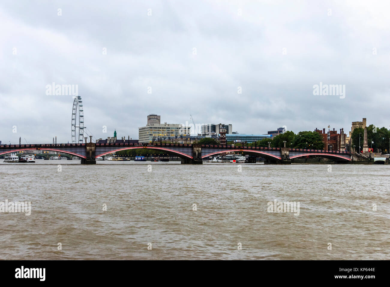 The Thames at Millbank, London, UK, looking downriver at Lambeth Bridge and the London Eye Stock Photo