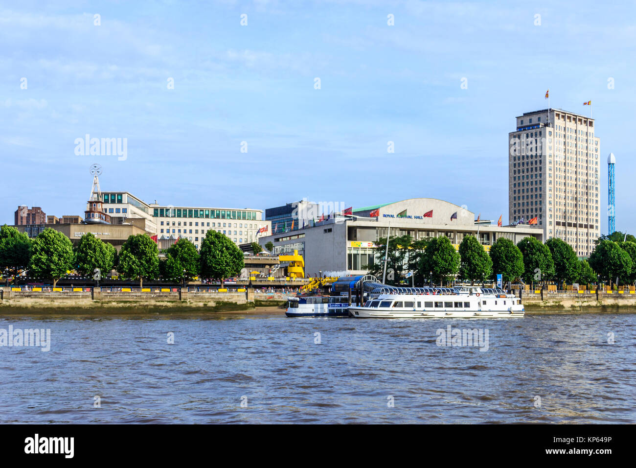 View of the Royal Festival Hall and Festival Pier across the River Thames fro Victoria Embankment, London, UK Stock Photo