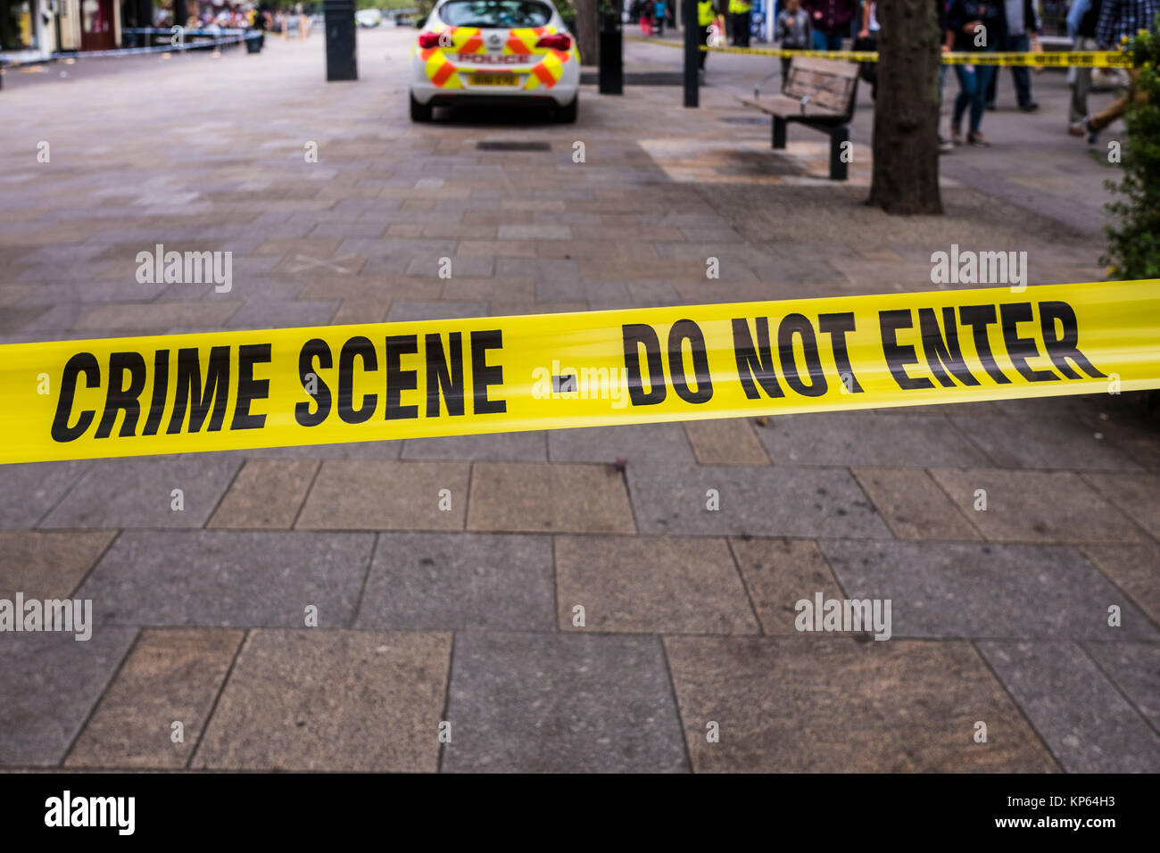 Police crime scene tape, Town Centre, Watford, Hertfordshire, England, U.K. Stock Photo